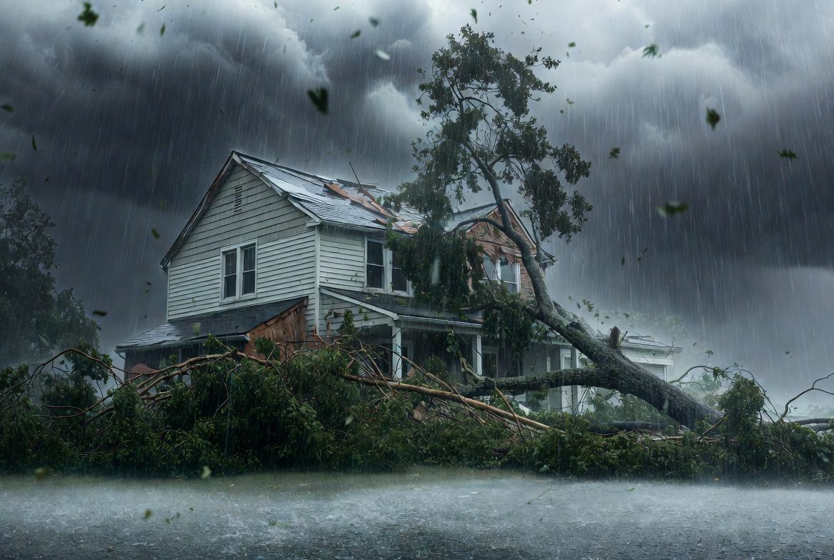 Storm-damaged home with fallen tree in heavy weather